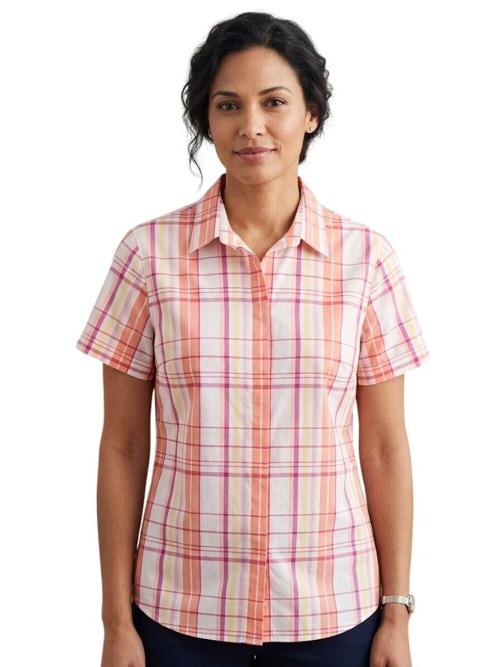Lands' End Supima Cotton No Iron Plaid Shirt Sleeve Blouse Size 16T